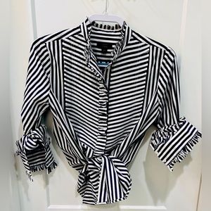J Crew Navy Striped Ruffle Neck Shirt. Size XSmall and in mint condition